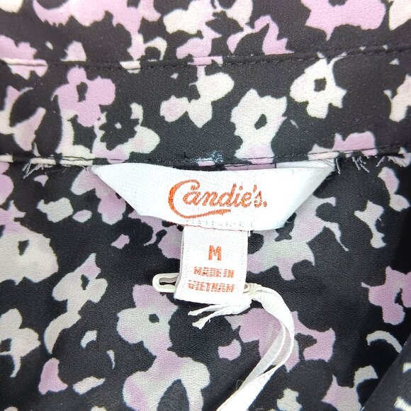 CANDIE'S-Women's Floral Button down-Top-MEDIUM-Black-White-Purple-Work-Casual - Picture 6 of 16